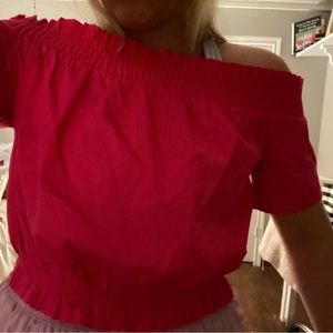 Super flattering off the shoulder pink top!